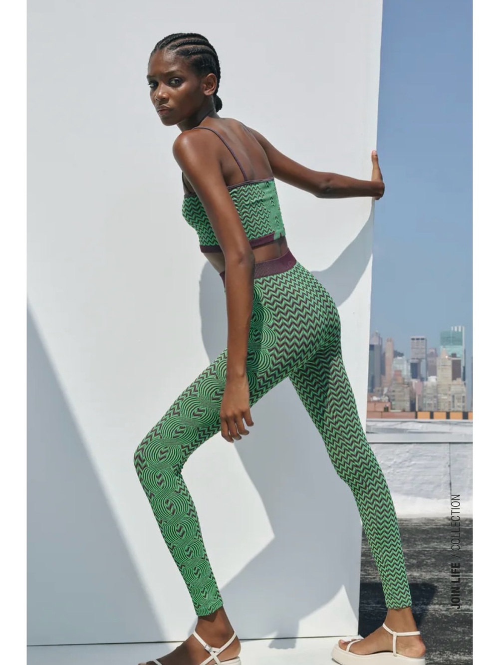 ZARA Green Patterned High-Waist Active Leggings & Crop Top Set